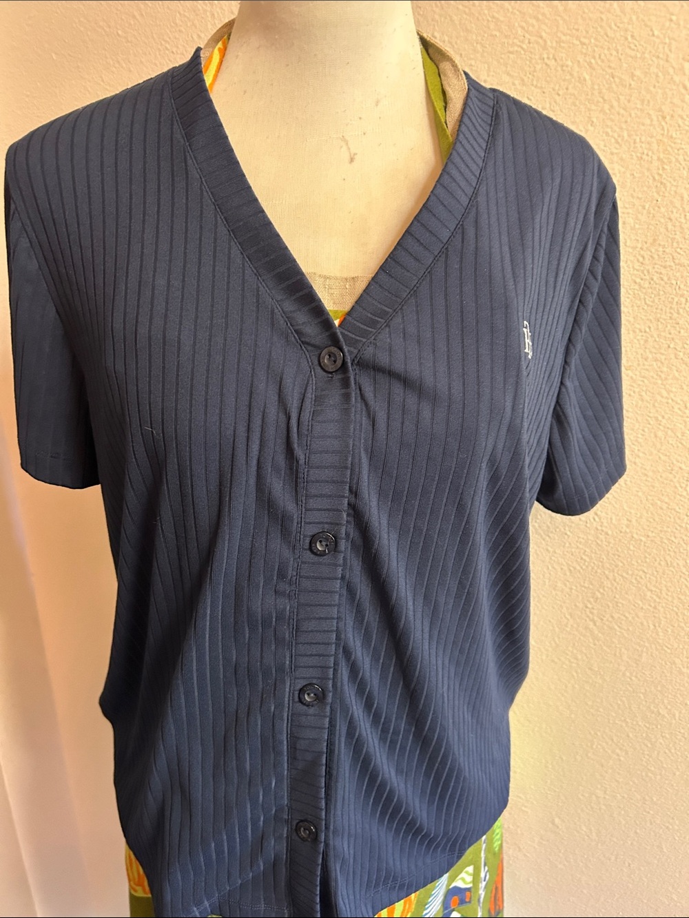 Tommy Hilfiger Navy Ribbed Button-Up Short Sleeve Top and wide leg bottoms
